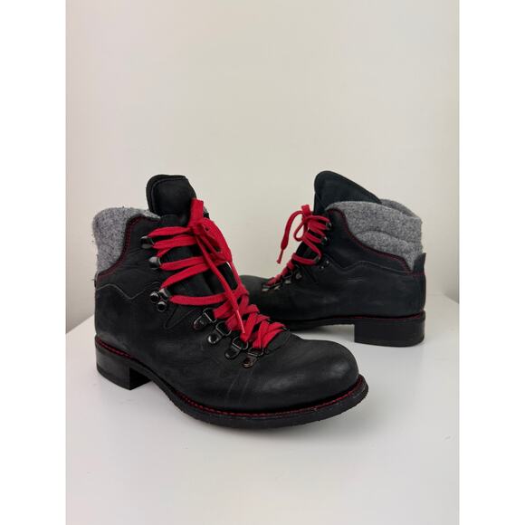 SENDRA Black Leather Red Lace Up Round Toe Shearling Lined Winter Boots SPAIN 8 - Picture 2 of 10